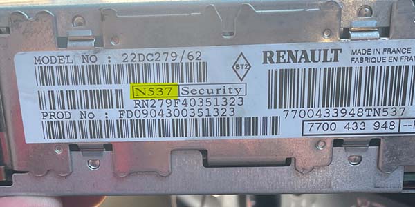 Renault radio pre-code on label